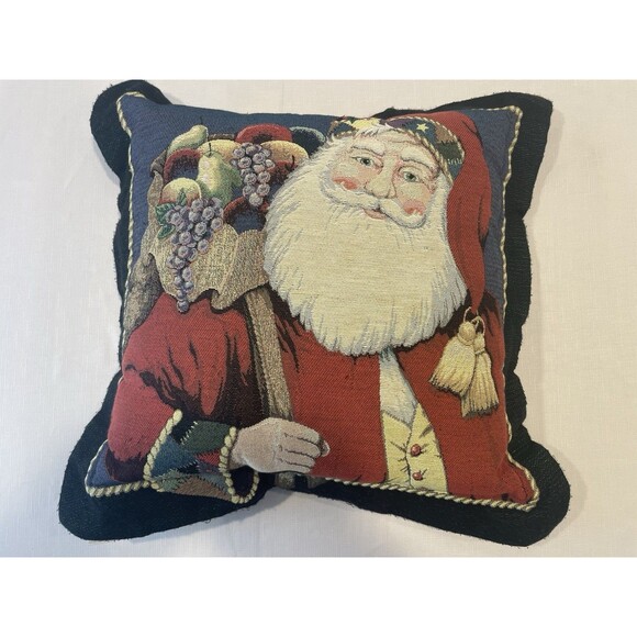 Vintage Large Old World Santa Tapestry Pillow 23x23 in. Father Christmas Fruit - Picture 2 of 7